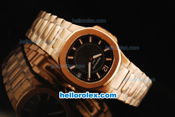 Patek Philippe Nautilus Swiss Quartz Movement Rose Gold Case and Strap with Black Dial and White Markers - Click Image to Close